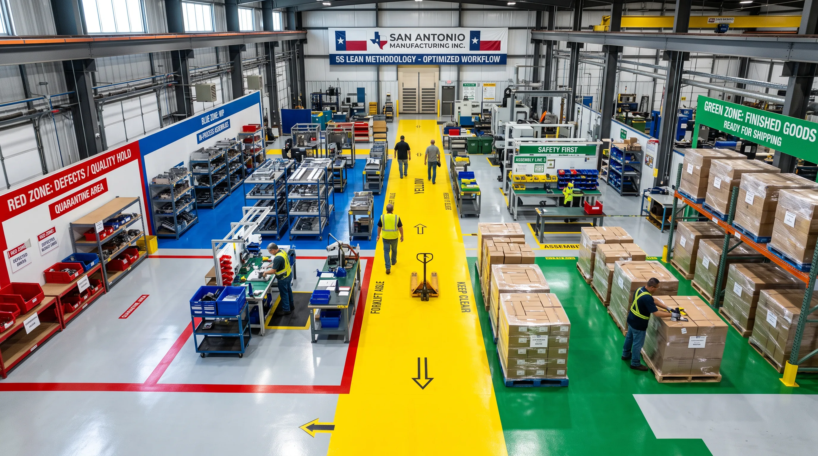 5S lean manufacturing floor marking with color-coded zones in a San Antonio manufacturing facility