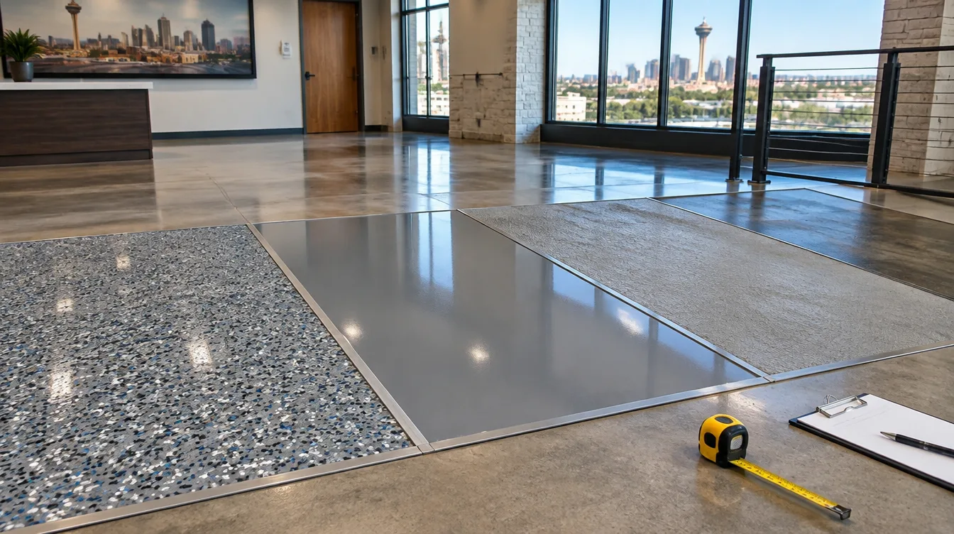 Commercial floor sample panels showing flake, smooth gloss and textured epoxy systems side by side with a tape measure and clipboard in a San Antonio office building