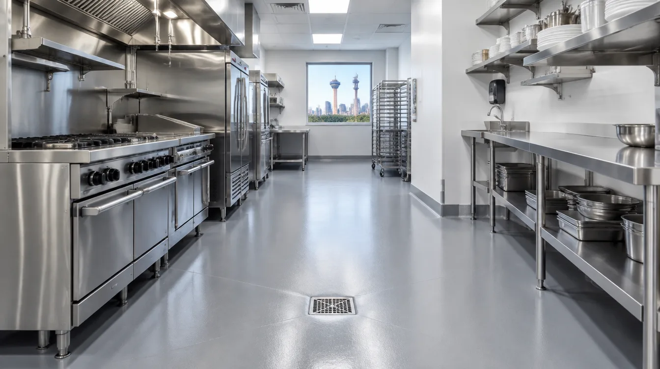 Empty commercial kitchen with a seamless gray resin floor, a floor drain and stainless steel equipment, as specified for health code compliance