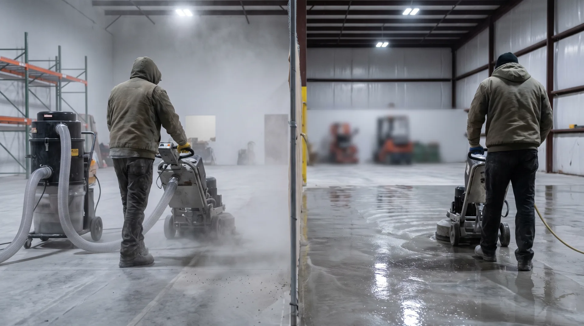Split comparison of dry polishing and wet polishing concrete floors by a San Antonio contractor crew