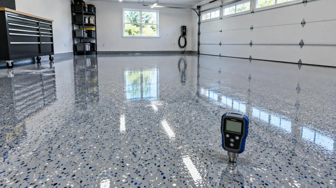 Glossy gray flake epoxy garage floor with a coating thickness gauge resting on the surface in a San Antonio home garage