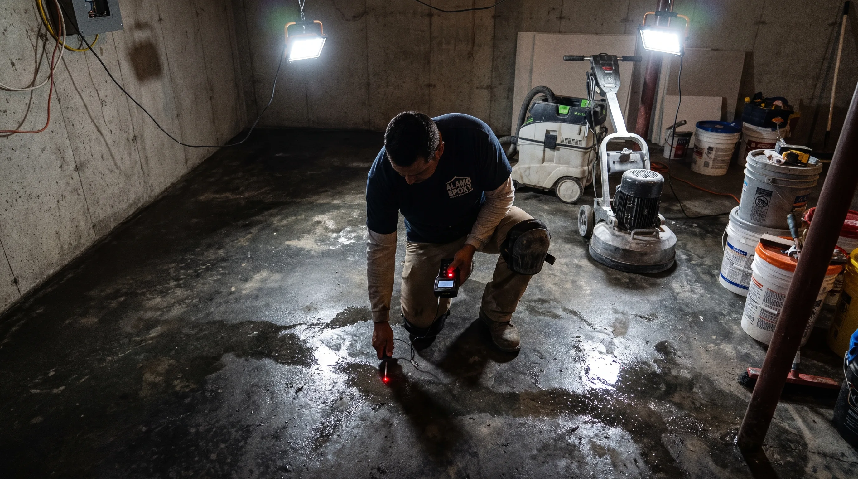 Contractor testing concrete moisture in San Antonio basement before epoxy installation