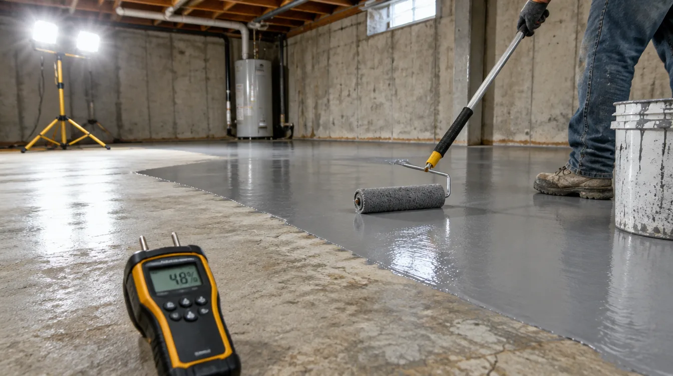 Installer rolling a gray moisture mitigation primer onto a concrete basement slab next to a moisture meter resting on the bare concrete