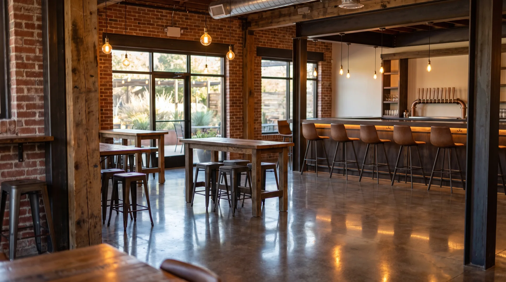Polished concrete floor in a San Antonio brewery taproom with bar seating and wood tables