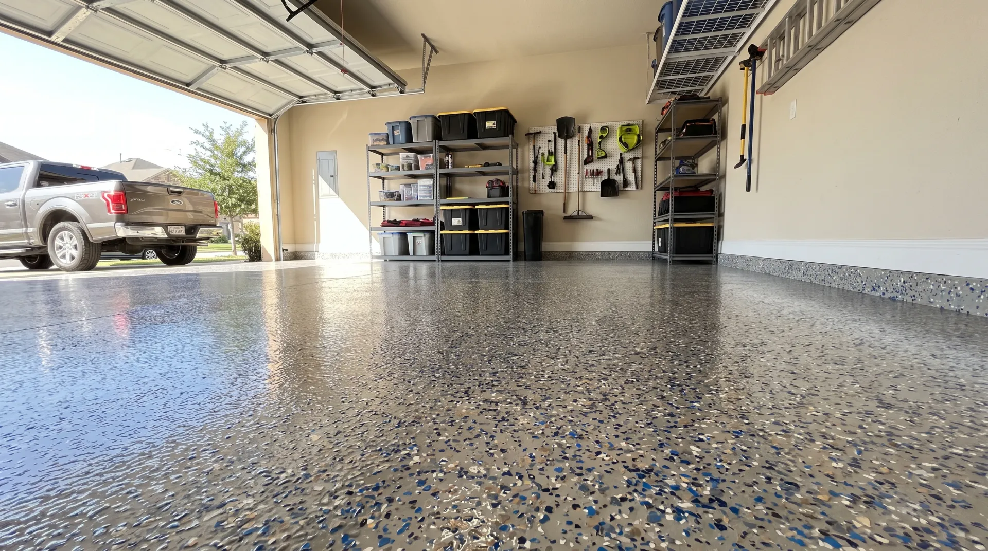 Polyaspartic coated flake garage floor in a San Antonio home