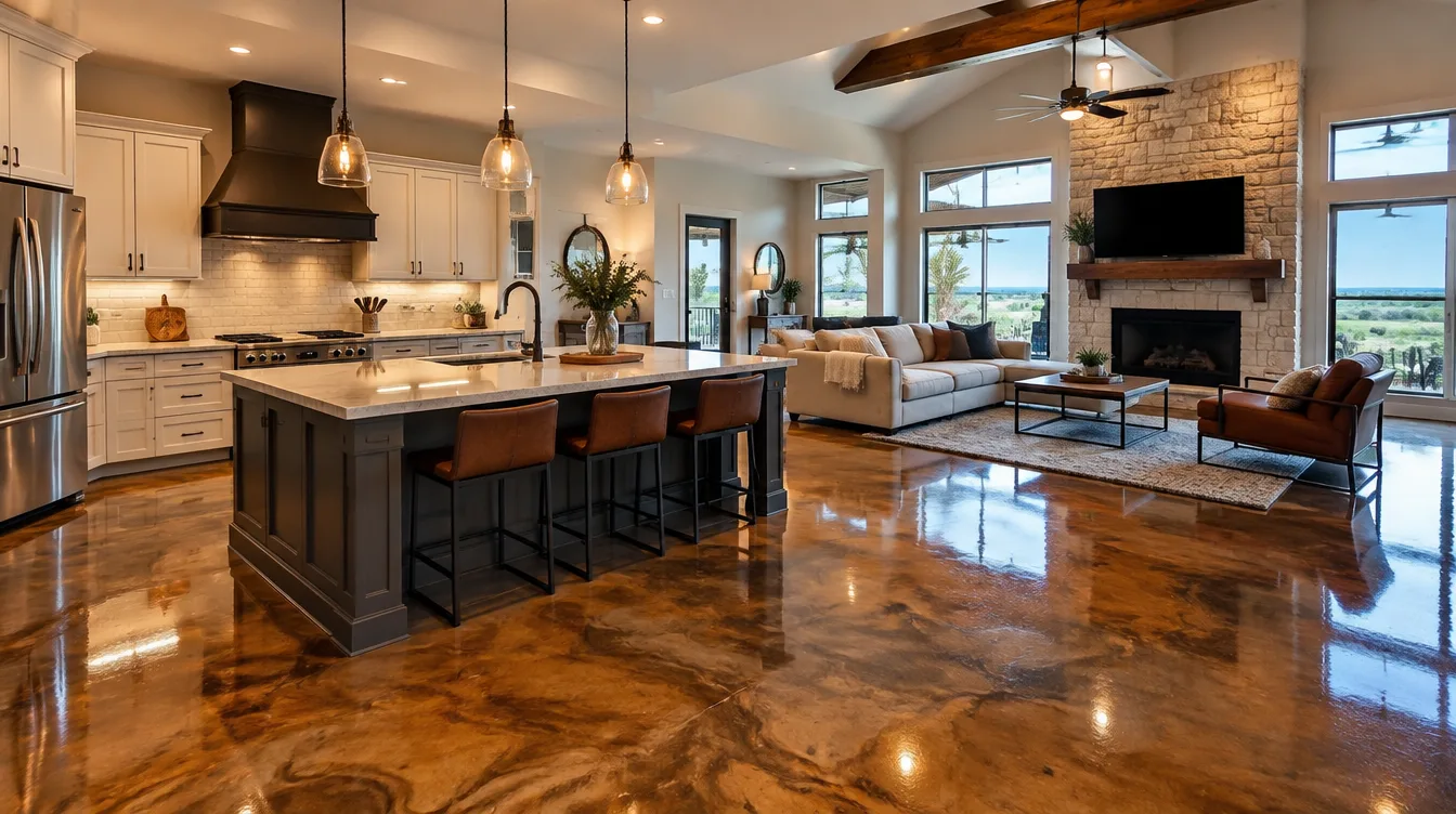 Open plan San Antonio home with a glossy brown metallic epoxy floor running through the kitchen and living area