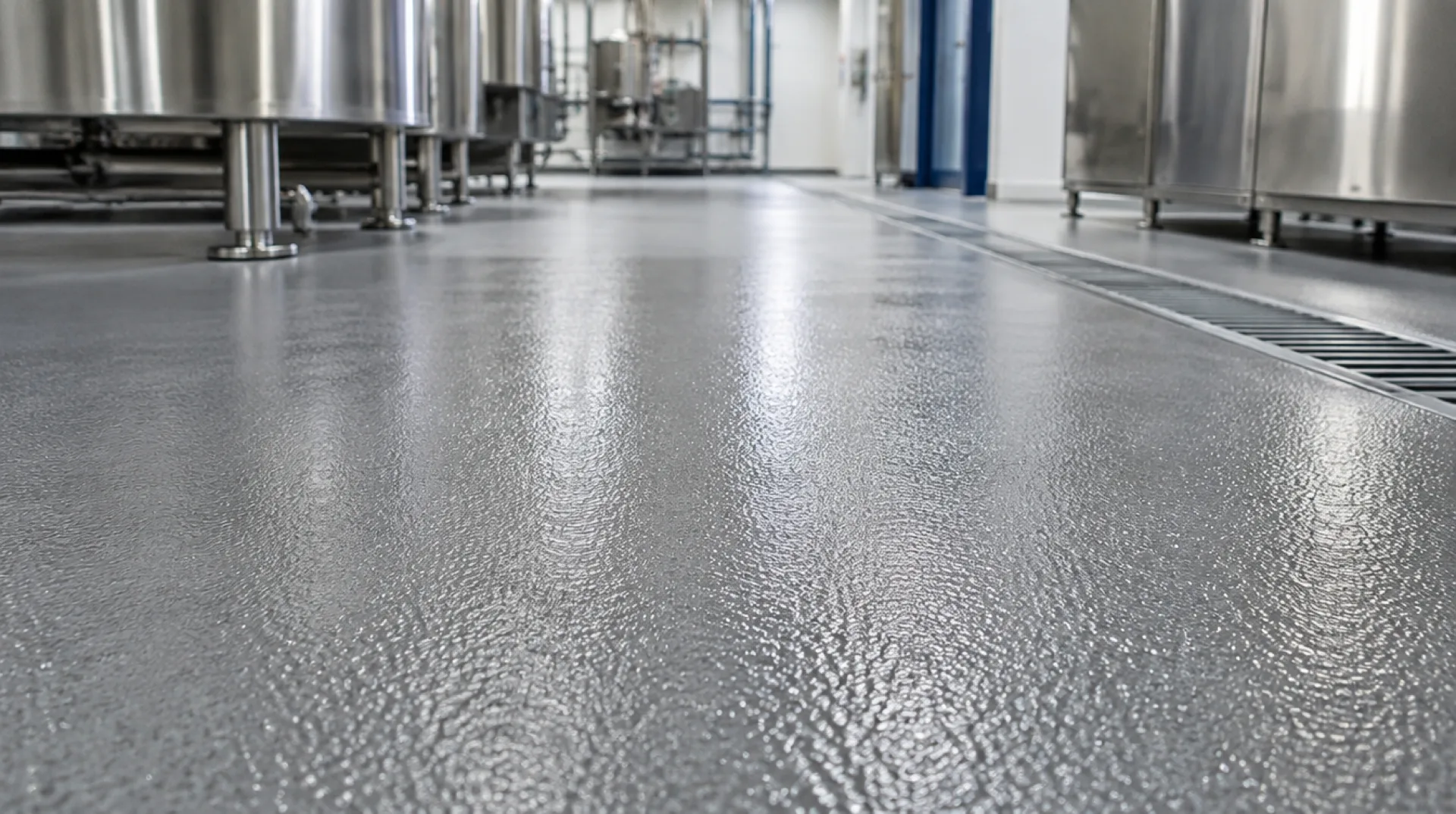 Textured slip-resistant urethane cement floor in a San Antonio food processing facility with floor drain