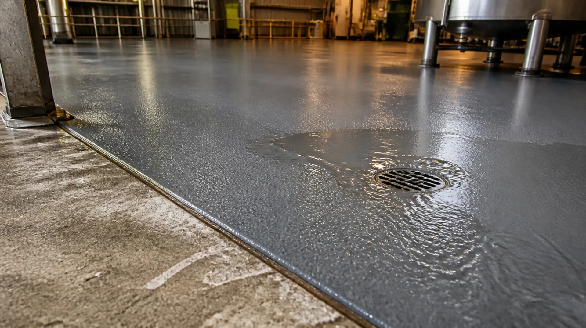 Urethane cement flooring in a San Antonio industrial facility resisting hard water pooling near a floor drain