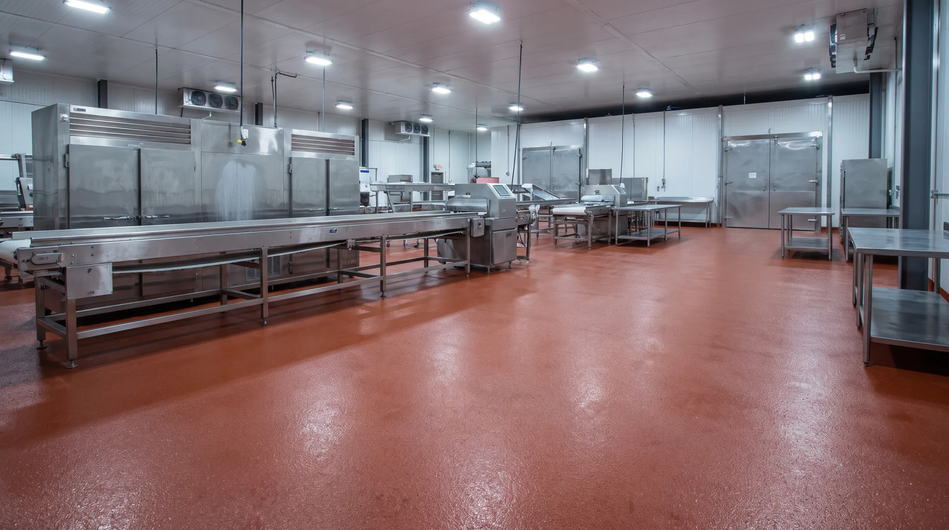 Urethane cement flooring in a San Antonio meat processing facility with stainless steel equipment