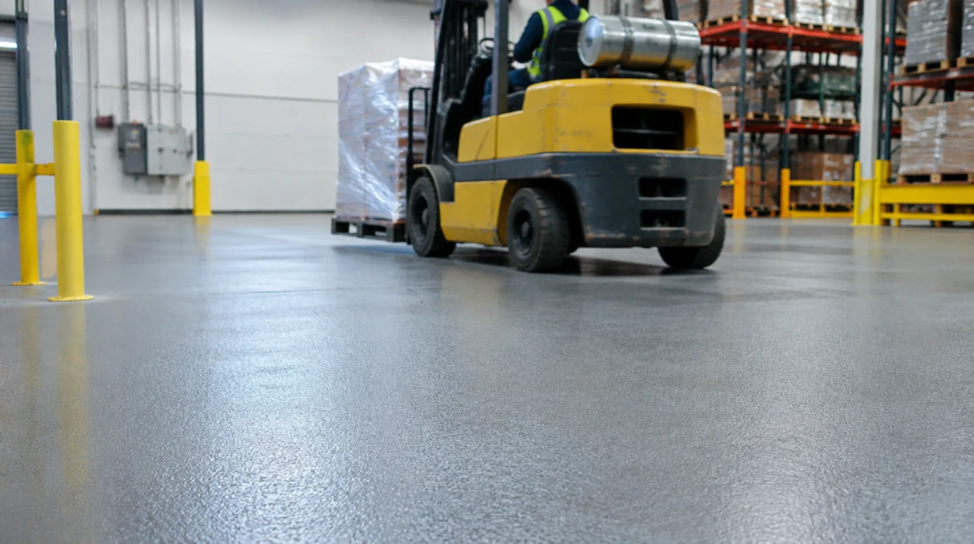 Forklift driving over urethane cement flooring in a San Antonio warehouse with heavy pallet traffic