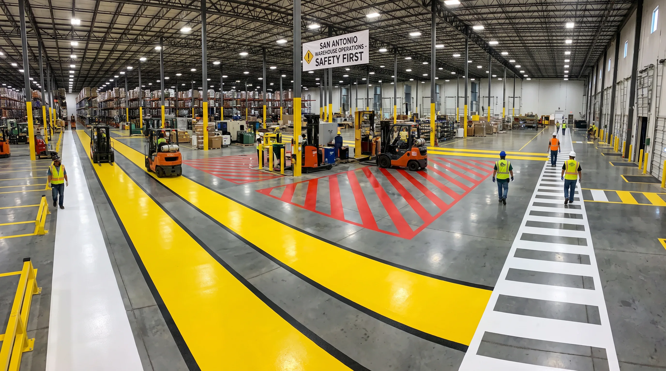 OSHA-compliant warehouse floor line marking with yellow aisle stripes and red zone boundaries in San Antonio facility