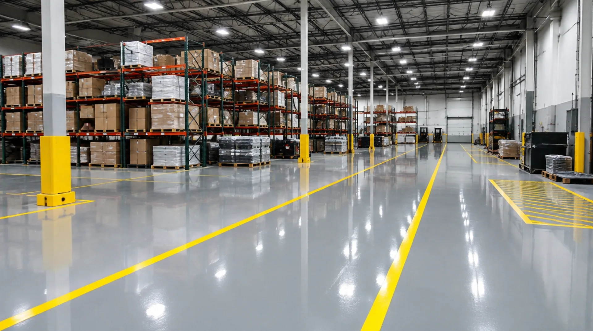 Warehouse flooring in San Antonio with worn traffic lanes showing where recoating is needed
