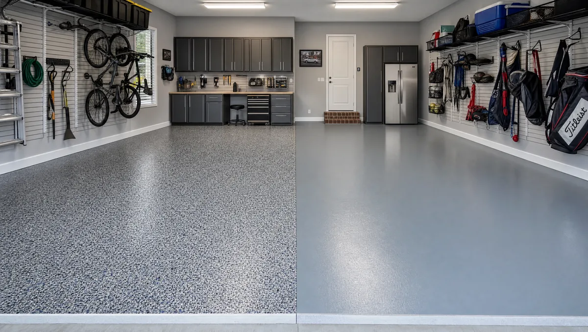 Split garage floor showing left side with multi-color chip flake finish and right side with solid gray epoxy, sharp dividing line under bright garage lighting