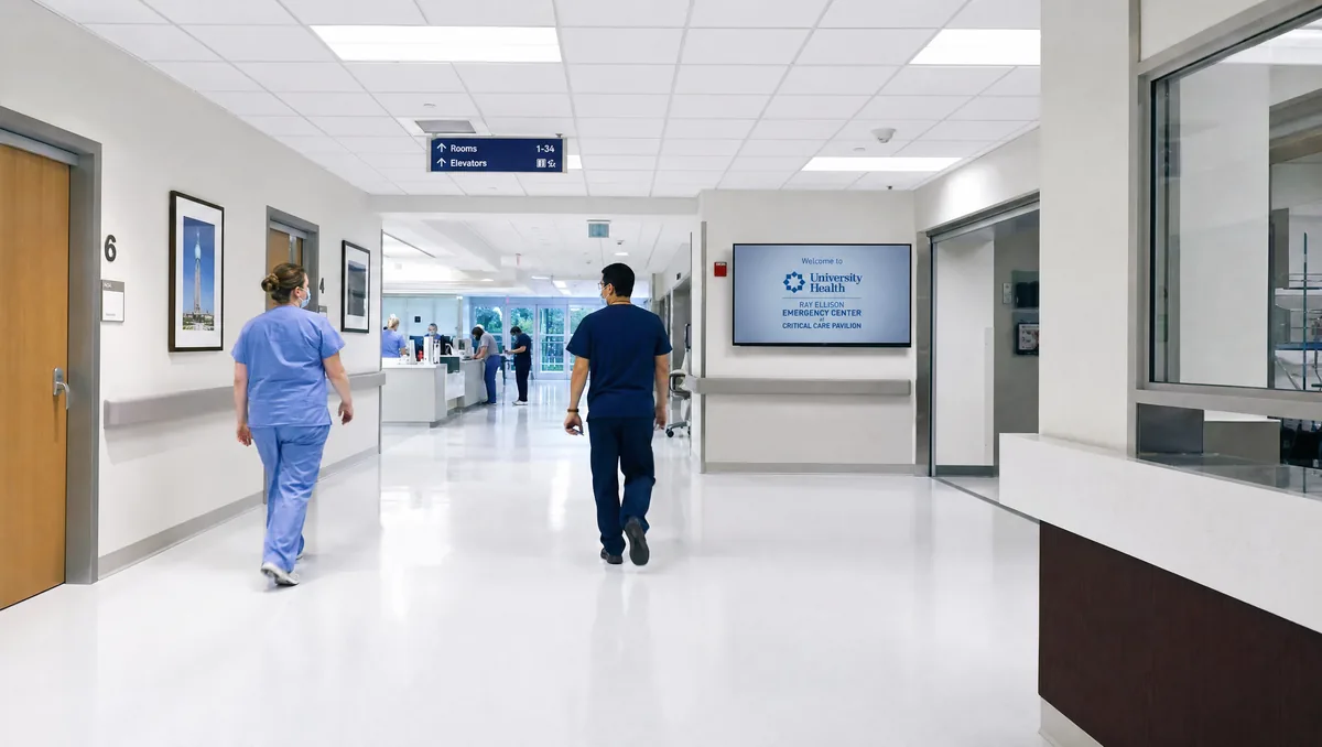 Modern hospital corridor in San Antonio with seamless white epoxy floor, medical staff walking, bright clinical lighting