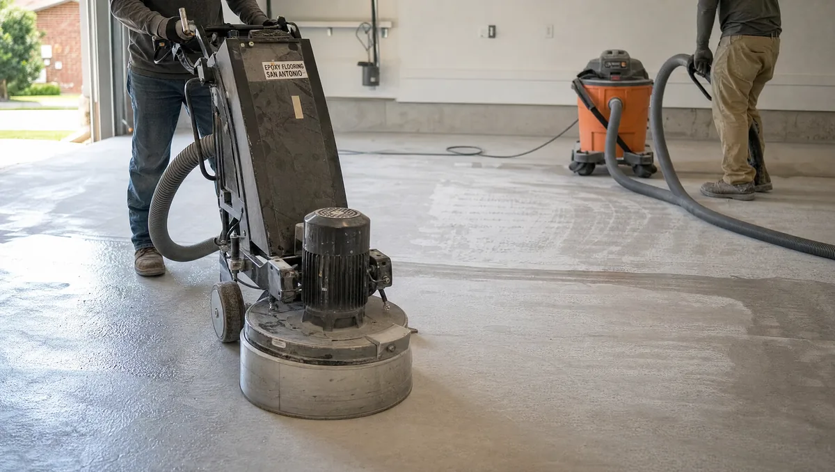 San Antonio epoxy contractor reviewing a concrete slab before installation - moisture testing and diamond grinding equipment visible