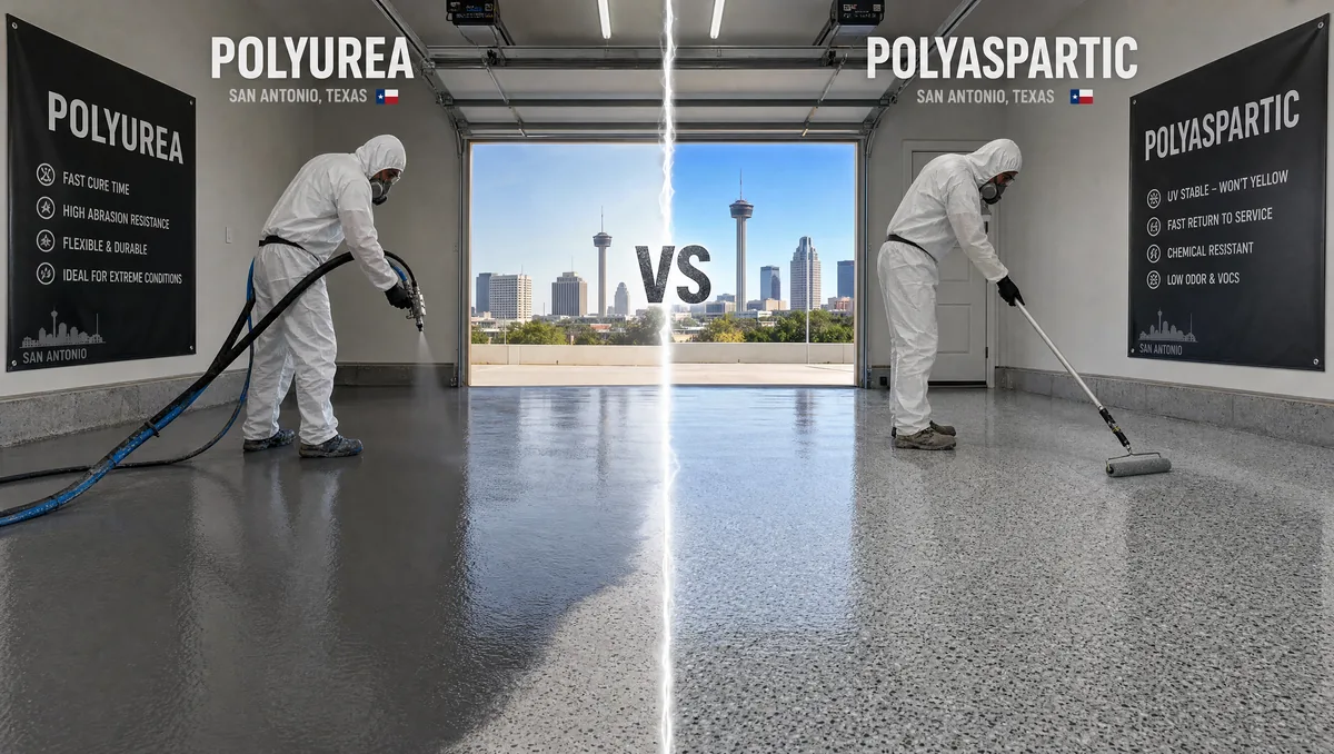 Split image showing polyurea and polyaspartic floor coating application on concrete in a San Antonio industrial space