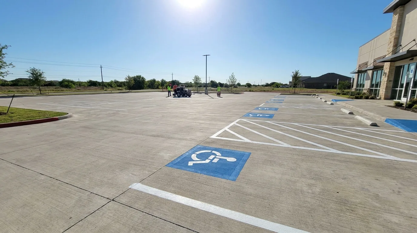 Freshly striped commercial parking lot with ADA-compliant blue handicap spaces and white stall lines in San Antonio