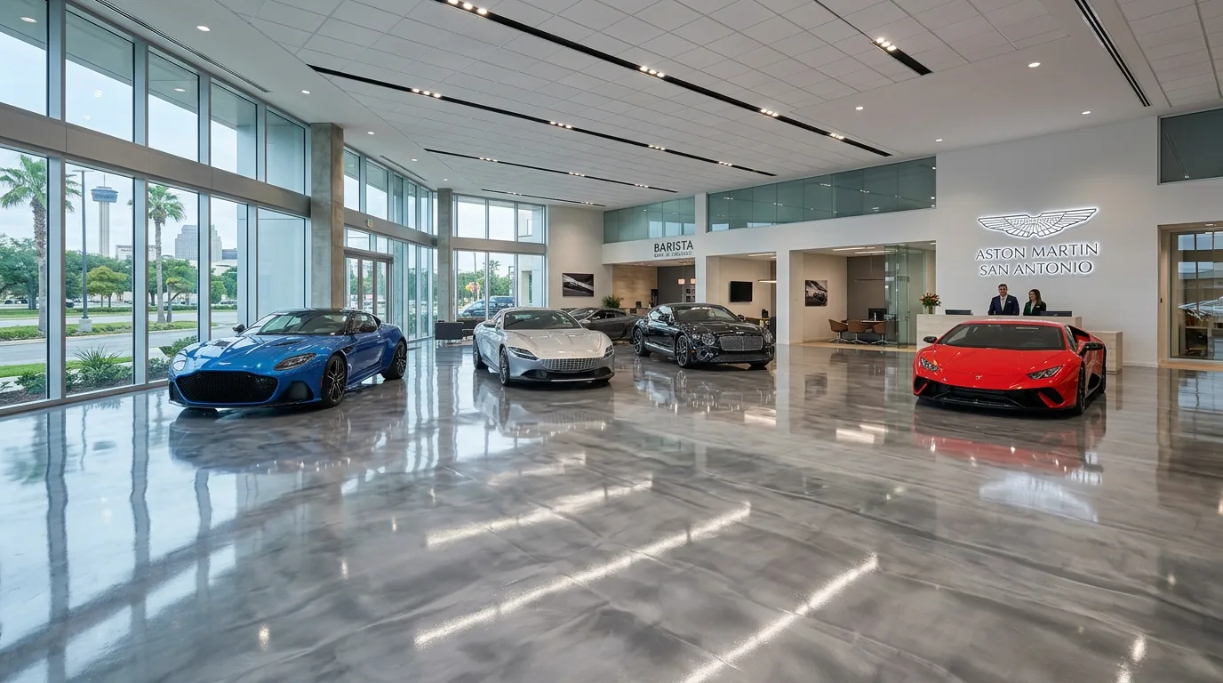 High-gloss metallic epoxy showroom floor in San Antonio car dealership with luxury vehicles